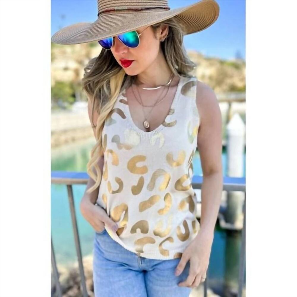 Amoli Womens Leopard Print Knit Tank Top Size S/M Beige Gold Animal Print V Neck